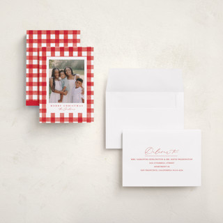 This is a santa suit holiday photo cards with standard by Brooke Chandler called merry gingham printing on recycled smooth signature in grand