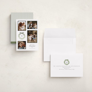 This is a marshmallow holiday photo cards with standard by Everett Paper Goods called wreath multi printing on recycled smooth signature in grand