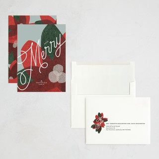 This is a crimson holiday photo cards with standard by Carrie Moradi called paper blooms printing on signature in grand