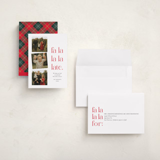 This is a crimson holiday photo cards with standard by Amy Payne called fa la la la late printing on recycled smooth signature in grand