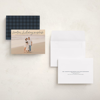 This is a midnight holiday photo cards with standard by Kristen Magee called warm holiday wishes script printing on recycled smooth signature in grand