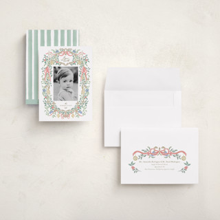 This is a cherry wood holiday photo cards with standard by Grae called a court of peace printing on signature in grand