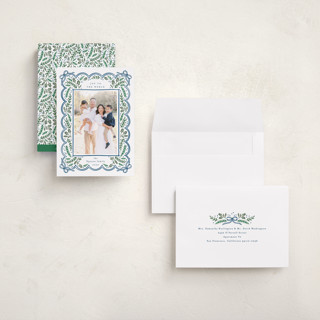 This is a navy holiday photo cards with standard by Alethea and Ruth called bow corners printing on recycled smooth signature in grand