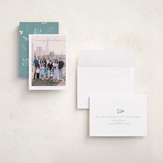 This is a blue spruce holiday photo cards with standard by Benita Crandall called noël moderne printing on recycled smooth signature in grand