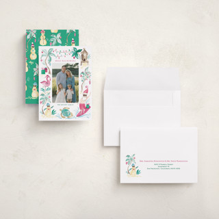 This is a guava holiday photo cards with standard by Sarah Knight called merry luau printing on recycled smooth signature in grand