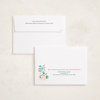 This is a guava holiday photo cards with standard by Sarah Knight called merry luau printing on recycled smooth signature in grand