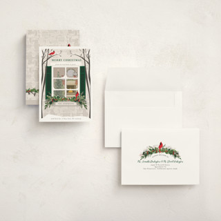 This is a pine holiday photo cards with standard by Susan Moyal called holiday window printing on signature in grand
