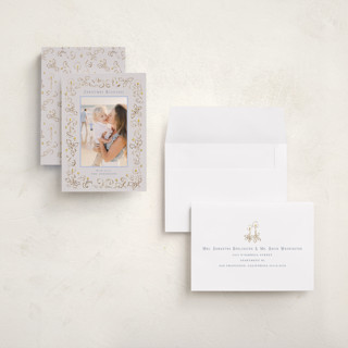 This is a champagne holiday photo cards with standard by Cass Loh called candlelight & holly printing on recycled smooth signature in grand