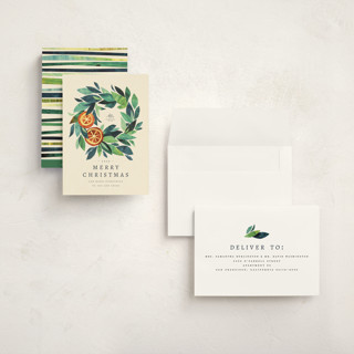 This is a crème holiday photo cards with standard by Anastasia Makarova called paper orange wreath printing on signature in grand