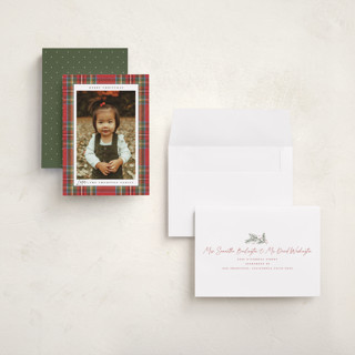 This is a stocking holiday photo cards with standard by Wildfield Paper Co called tartan printing on recycled smooth signature in grand
