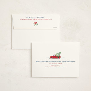 This is a cranberry holiday photo cards with standard by Paper Sun Studio called dashing through the snow printing on signature in grand