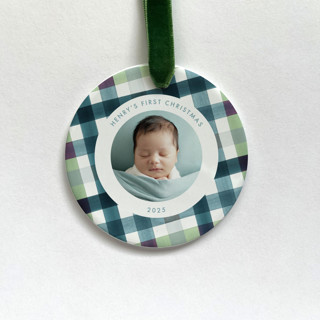This is a multicolorassorted-colors holiday decorations by Holly Whitcomb called personalized baby photo ornament - milton plaid in standard