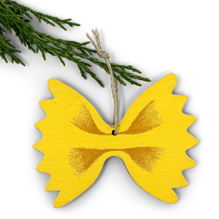 This is a yellow holiday decorations by Broderpress called wooden silkscreen farfalle pasta ornament in standard