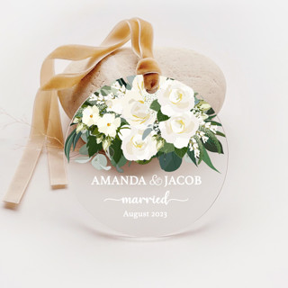 This is a multicolor holiday decorations by Iveta Abolina called personalized white roses married ornament, set of 1 in standard