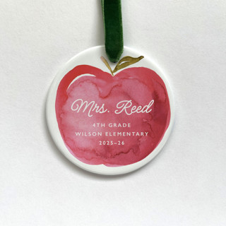 This is a white holiday decorations by Holly Whitcomb called personalized teacher ceramic ornament, watercolor apple in standard