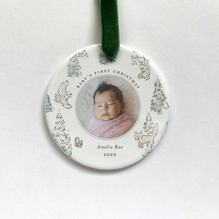 This is a white holiday decorations by Holly Whitcomb called personalized baby ornament - woodland in standard