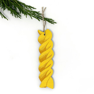 This is a yellow holiday decorations by Broderpress called wooden silkscreen fusilli pasta ornament in standard