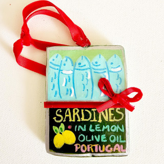 This is a red holiday decorations by AlisonJerry called hand-made sardine clay can ornament in standard