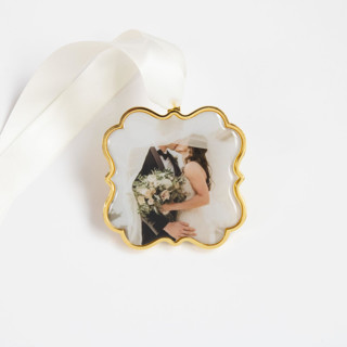 This is a gold holiday decorations by Kimbra Mooers called custom photo ornament gold scallop in standard