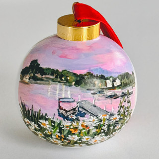 This is a white holiday decorations by Arohika Verma called custom “where we met” hand-painted ornament in standard