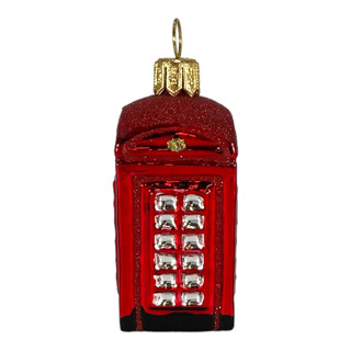 This is a red holiday decorations by Pinnacle Peak Trading Company called english telephone booth mini polish glass christmas ornament uk england 2.5 inch in standard