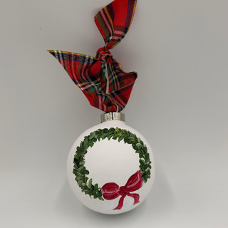 This is a green holiday decorations by Sarah Hall called hand painted wreath ornament in standard