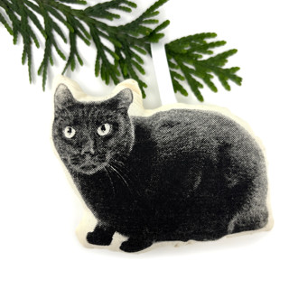 This is a beige holiday decorations by Broderpress called silkscreen black cat ornament in standard