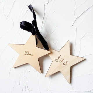 This is a beige holiday decorations by Left Grain called personalized star wooden ornament in standard