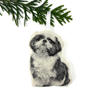 This is a beige holiday decorations by Broderpress called silkscreen shih tzu ornament in standard