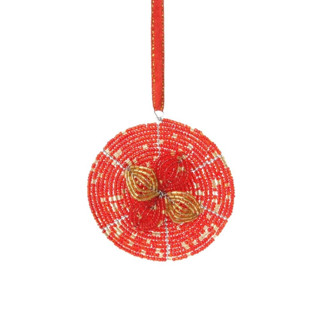 This is a beige holiday decorations by Aahlada Chennupati called maasai beads red flower ornament in standard