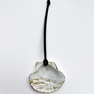 This is a gold holiday decorations by Nicoletta Savod called original hand-painted natural seashell ornament, pale blue, white & gold in standard