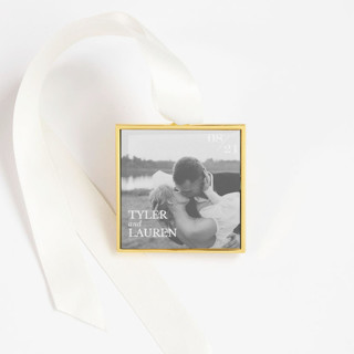 This is a gold holiday decorations by Kimbra Mooers called custom square ornament modern gold in standard