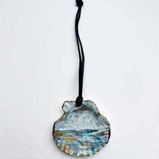 This is a blue holiday decorations by Nicoletta Savod called original hand-painted natural seashell ornament, blue, soft gray & gold in standard