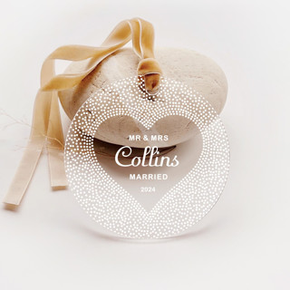 This is a white holiday decorations by Iveta Abolina called personalized acrylic dotted heart married ornament, set of 1 in standard
