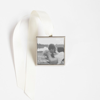 This is a silver holiday decorations by Kimbra Mooers called modern name and date square ornament silver in standard