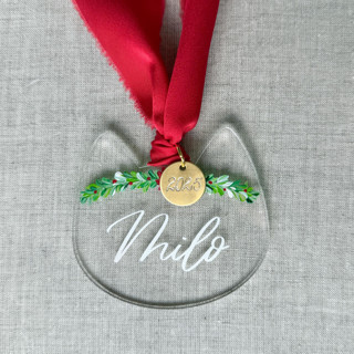 This is a clear holiday decorations by Maria Ferrer G. called cat custom christmas ornament in standard