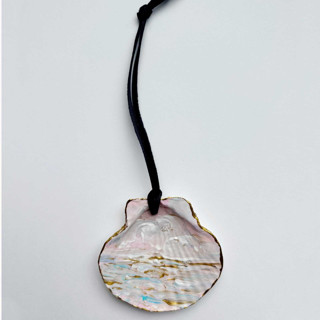 This is a pink holiday decorations by Nicoletta Savod called original hand-painted natural seashell ornament, soft pink, white & gold in standard