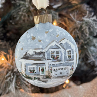This is a blue holiday decorations by Kristen Laczi called custom house portrait ornament - holiday theme in standard