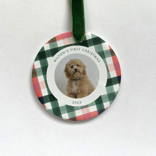 This is a multicolorassorted-colors holiday decorations by Holly Whitcomb called personalized pet ornament - milton plaid in standard