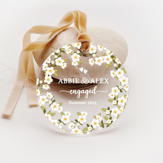 This is a white holiday decorations by Iveta Abolina called personalized acrylic spring florals engagement ornament, set of 1 in standard