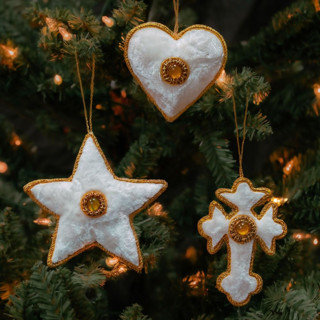 This is a white holiday decorations by Aahlada Chennupati called white zardozi ornament set of 3 in standard