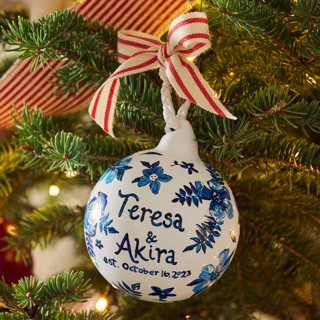This is a white holiday decorations by Ashley Myers called custom hand-painted toile glass ornament in standard