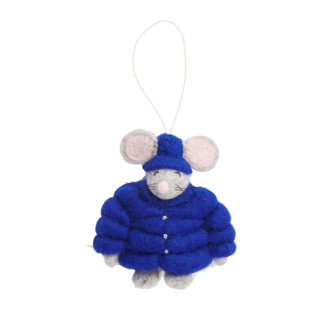This is a blue holiday decorations by Global Goods Partners called felt puffer coat mouse ornament-blue in standard