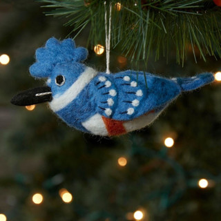 This is a blue holiday decorations by Aahlada Chennupati called felt belted kingfisher ornament in standard