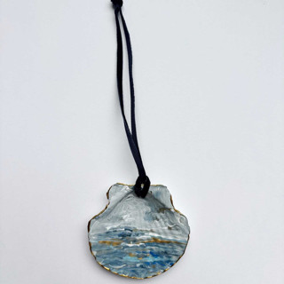 This is a blue holiday decorations by Nicoletta Savod called original hand-painted natural seashell ornament, blue, gray & gold in standard