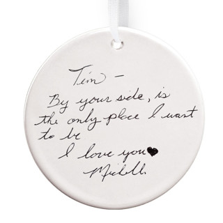This is a white holiday decorations by Colin Supple called hand written note-photo upload round disc ornament br in standard