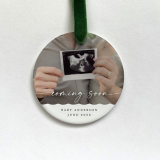 This is a white holiday decorations by Holly Whitcomb called personalized pregnancy photo ornament in standard