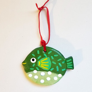 This is a green holiday decorations by AlisonJerry called personalized,hand-made clay, festive, green blowfish ornament in standard