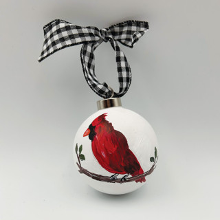 This is a red holiday decorations by Sarah Hall called cardinal 3inch ball ceramic ornament in standard