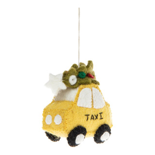 This is a yellow holiday decorations by Global Goods Partners called nyc taxi with tree ornament in standard